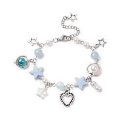 Light Sky Blue Alloy Heart & Star Charm Bracelet with ABS Plastic Imitation Pearl Beaded for Women, Light Sky Blue, 6-7/8 inch(17.4cm)