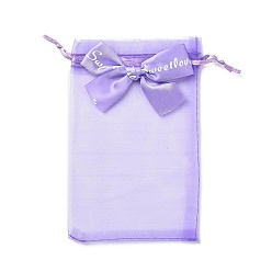 Lilac Rectangle Organza Drawstring Bags, Bowknot Gift Storage Pouches, Lilac, 12x9cm