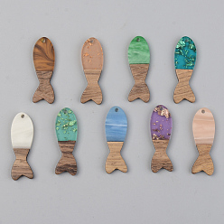 Mixed Color Resin & Walnut Wood Pendants, Fish, Mixed Color, 37.5x12x3mm, Hole: 2mm