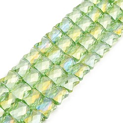 Lawn Green AB Color Plated Transparent Glass Beads Strands, Faceted Bamboo Stick, Lawn Green, 10.5~11x8x5mm, Hole: 1mm, about 59~60pcs/strand, 24.41~24.80''(62~63cm)