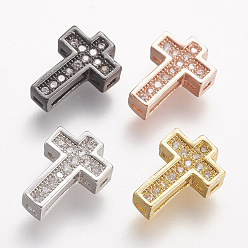 Mixed Color Brass Micro Pave Cubic Zirconia Beads, Cross, Clear, Mixed Color, 10.5x7.5x3mm, Hole: 1mm