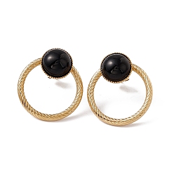 Black Ring with Half Round Glass Stud Earrings, Golden 304 Stainless Steel Jewelry for Women, Black, 22x20mm, Pin: 0.7mm
