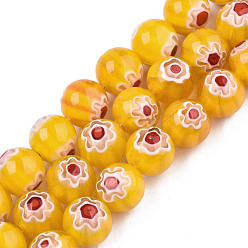 Or Brins de perles en verre de millefiori faites à la main, ronde avec motif de fleurs, or, 10mm, Trou: 1.2mm, Environ 36~38 pcs/chapelet, 13.78 pouces~14.88 pouces (35cm~37.8cm)