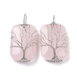 Rose Quartz Natural Rose Quartz Copper Wire Wrapped Pendants, Rectangle with Tree of Life Charms, Platinum, 46~49x25~27x10~12mm, Hole: 8x9mm