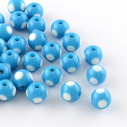 Deep Sky Blue Dot Pattern Opaque Acrylic Beads, Round, Deep Sky Blue, 16x15mm, Hole: 3mm, about 220pcs/500g