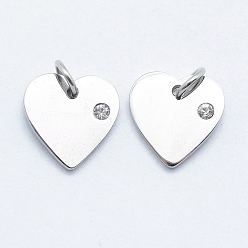 Stainless Steel Color 316 Surgical Stainless Steel Pendants, with Cubic Zirconia, Heart, Clear, Stainless Steel Color, 12x12x2mm, Hole: 3mm