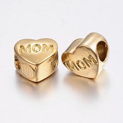 Oro Tema del día de la madre, 304 de acero inoxidable de cuentas europeo, abalorios de grande agujero, corazón con la palabra mamá, dorado, 10.5x11.5x8 mm, agujero: 5 mm