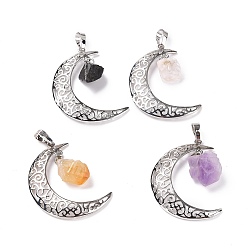Mixed Stone Natural Mixed Stone Nuggets Pendants, Moon Charms, with Platinum Plated Brass Findings, 38.5~40x27~28x2mm, Hole: 7x5mm