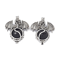 Obsidian Natural Obsidian Pendants, Dragon Charms, with Rack Plating Antique Silver Plated Brass Findings, Cadmium Free & Lead Free, 47x37x19mm, Hole: 4mm