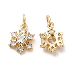 Real 14K Gold Plated Rack Plating Brass Micro Pave Cubic Zirconia Pendants, Long-Lasting Plated, Cadmium Free & Lead Free, with Jump Ring, Snowflake Charm, Real 14K Gold Plated, 15.5x11x4mm, Hole: 4mm