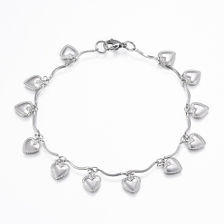 Stainless Steel Color 304 Stainless Steel Charm Bracelets, Heart, Stainless Steel Color, 8-1/4 inch(210mm)
