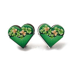 Corazón Aretes de madera verde del día de San Patricio, 316 con pasadores de acero inoxidable, corazón, 15x17 mm