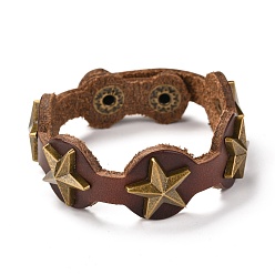 Camel PU Leather Cord Bracelets, with Alloy Findings, Star, Antique Bronze, Camel, 8-1/2 inch(21.7cm)