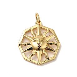 Real 18K Gold Plated Rack Plating Brass Pendants, with Jump Ring, Cadmium Free & Nickel Free & Lead Free, Octagon with Sun, Real 18K Gold Plated, 19.5x17.5x4mm, Hole: 3.6mm
