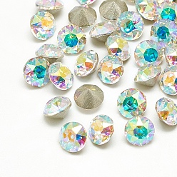 Crystal AB Pointed Back Glass Rhinestone Cabochons, Back Plated, Faceted, Diamond, Crystal AB, 6x5.5mm