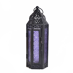 Pourpre Moyen Lanterne à bougie ramadan en fer plaqué noir électrophorèse rétro, bougeoir décoratif en verre portatif de lampe accrochante pour la décoration à la maison, support violet, 95x80x250mm