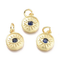 Dark Blue Brass Micro Pave Cubic Zirconia Pendants, with Jump Ring, Flat Round with Eye, Real 18K Gold Plated, Dark Blue, 12x10x2mm, Jump Rings: 5x0.8mm, Inner Diameter: 3mm