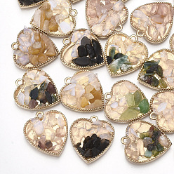 Mixed Color Natural Gemstone Chips Pendants, with Alloy Findings, Heart, Light Gold, Mixed Color, 22x20x4.5~8mm, Hole: 1.8mm