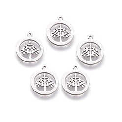 Stainless Steel Color 304 Stainless Steel Charms, Flat Round with Tree of Life, Stainless Steel Color, 14x12x1mm, Hole: 1mm