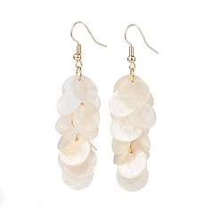 Seashell Color Natural Capiz Shell Cluster Earrings, with Brass Earring Hooks, Flat Round, Golden, Seashell Color, 65x16mm, Pin: 0.7mm