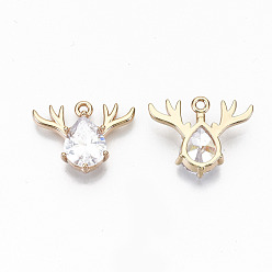 Crystal Brass Glass Rhinestone Pendants, Long-Lasting Plated, Cadmium Free & Lead Free, Christmas Reindeer/Stag, for Christmas, Light Gold, Crystal, 15x20x5mm, Hole: 1.5mm