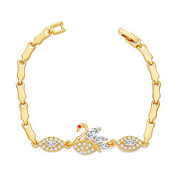 Golden SHEGRACE Brass Real Gold Plated Link Bracelets, with Synthetic Cubic Zirconia, Swan, Golden, 7 inch(178mm), 15mm