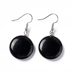 Obsidian Natural Obsidian Flat Round Dangle Earrings, Platinum Brass Jewelry for Women, 42mm, Pin: 0.7mm