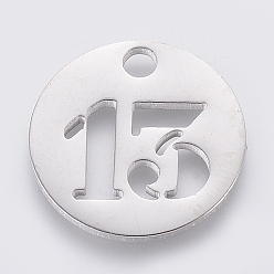 Number 304 Stainless Steel Pendants, Cut-Out, Hollow, Flat Round with Number, Stainless Steel Color, Num.13, 19x1.5mm, Hole: 2.5mm