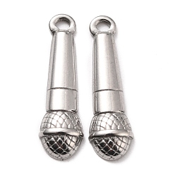 Stainless Steel Color 304 Stainless Steel Pendants, Textured, Microphone, Stainless Steel Color, 20x6x2.5mm, Hole: 1.2mm