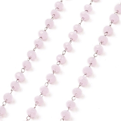 Pink Glass Round Beaded Chain, with 304 Stainless Steel Findings, Unwelded, with Spool, Pink, 3.5x3mm, about 5m/Roll