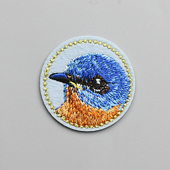 Pale Turquoise Flat Round with Bird Computerized Embroidery Cloth Iron on/Sew on Patches, Costume Accessories, Appliques, Pale Turquoise, 42mm