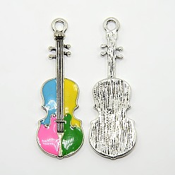 Colorful Violin Antique Silver Tone Alloy Enamel Pendants, Colorful, 50x18x2mm, Hole: 3mm