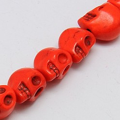 Оранжево-Красный Синтетических нитей бирюзовые бусы, окрашенные, череп, оранжево-красный, 10x8x9 мм, отверстие : 1 мм, около 40 шт / нитка, 16 дюйм