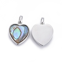 Platinum Natural Abalone Shell/Paua ShellCharms, with Brass Findings, Heart, Platinum, 13x11x4.5mm, Hole: 2x3mm