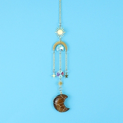 Tiger Eye Tiger Eye Moon Sun Catcher Hanging Ornaments, with Brass Star & Sun, for Home, Garden Decoration, 400mm