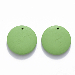 Lime Green Painted Wood Pendants, Flat Round, Lime Green, 20x4mm, Hole: 1.5mm