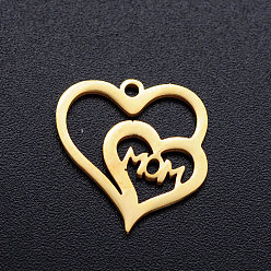 Golden 201 Stainless Steel Charms, Heart with Word Mom, for Mother's Day, Golden, 15x15x1mm, Hole: 1.2mm