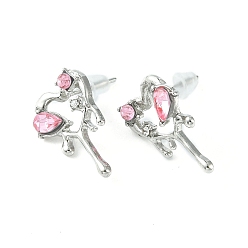 Pink Boucle d'oreille en alliage, avec strass acrylique, clou d'oreille coeur fondant pour femme, rose, 18x11.5mm, pin: 0.7 mm