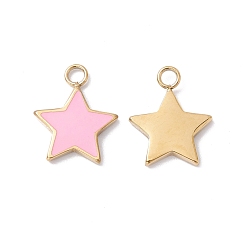Pink Ion Plating(IP) 304 Stainless Steel Pendants, with Enamel, Real 24K Gold Plated, Star, Pink, 13x10x1.5mm, Hole: 1.8mm