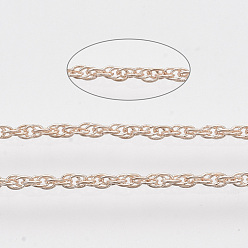 Розовое Золото Паяные латунные покрытые железные веревочные цепи, с катушкой, розовое золото , 2x1.4x0.3 мм, около 39.37 футов (12 м) / рулон