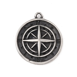 Antique Silver 304 Stainless Steel Pendants, Flat Round with Compass, Antique Silver, 23x20x3mm, Hole: 1.6mm