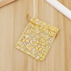 Gold Rectangle Organza Drawstring Gift Bags, Gold Stamping Rose Pouches for Wedding Party Gift Storage, Gold, 12x9cm