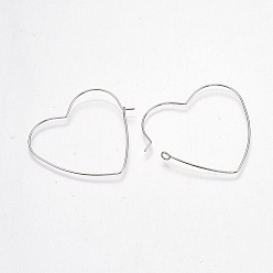 Real Platinum Plated Brass Earring Hooks, Heart, Nickel Free, Real Platinum Plated, 20 Gauge, 37~38x39~40x0.8mm, Pin: 0.8mm