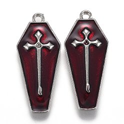 Platine Pendentifs en émail en alliage thème halloween, cercueil rouge avec croix, platine, 25.5x11x3mm, Trou: 1.2mm
