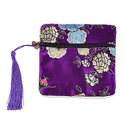 Dark Violet Chinese Brocade Tassel Zipper Jewelry Bag Gift Pouch, Square with Flower Pattern, Dark Violet, 11.5~11.8x11.5~11.8x0.4~0.5cm