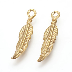 Golden 304 Stainless Steel Pendants, Ion Plating (IP), Feather, Golden, 25.5x6x2.5mm, Hole: 2mm