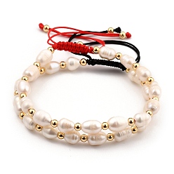Mixed Color Adjustable Nylon Thread Braided Beads Bracelets Sets, with Natural Cultured Freshwater Pearl Beads and Brass Beads, Real 18K Gold Plated, Mixed Color, Inner Diameter: 5.5~9cm(2-1/8~3-1/2 inch), 2pcs/set