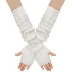 White Acrylic Fiber Yarn Knitting Fingerless Gloves, Long Winter Warm Gloves with Thumb Hole, White, 500x75mm