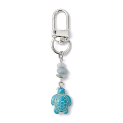Platinum Sea Turtle Synthetic Turquoise Pendant Decoration, with Alloy Swivel Clasps and Natural Flower Amazonite Chips Beads, Platinum, 73mm