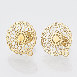 Golden 304 Stainless Steel Stud Earring Findings, with Loop, Flat Round, Golden, 16x14.5mm, Hole: 1mm, pin: 0.7mm